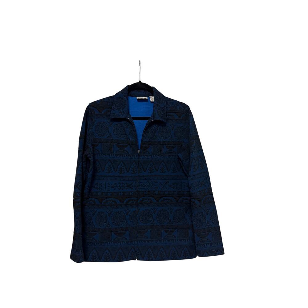 Chico’s Design Blue Black Jacquard Zip Jacket Top Size 1 (M/L) Textured Knit